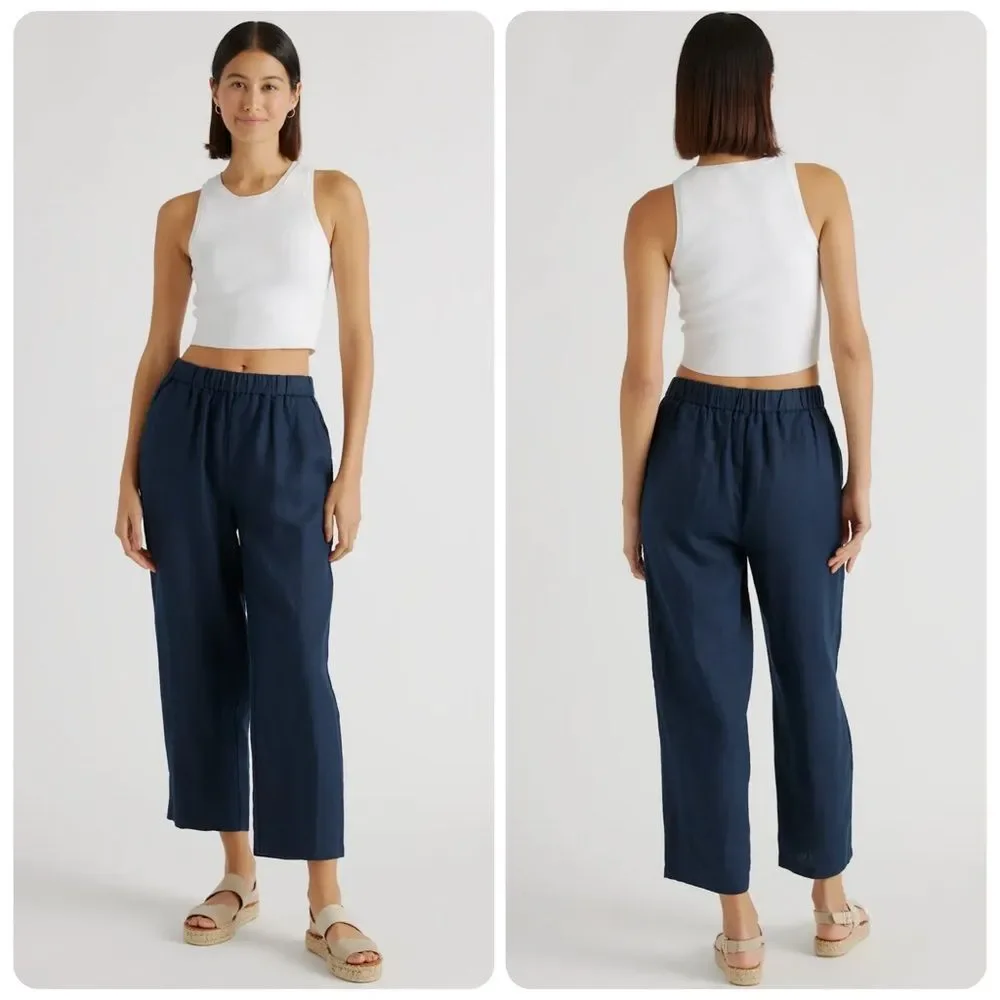 Quince 100% European Linen Cropped Pants in Deep Navy | Small